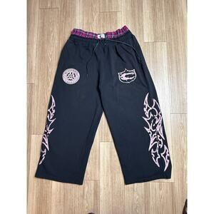 Cozy Wrld L Black Pink Tribal Graphic Sweatpants Plaid Waist Joggers